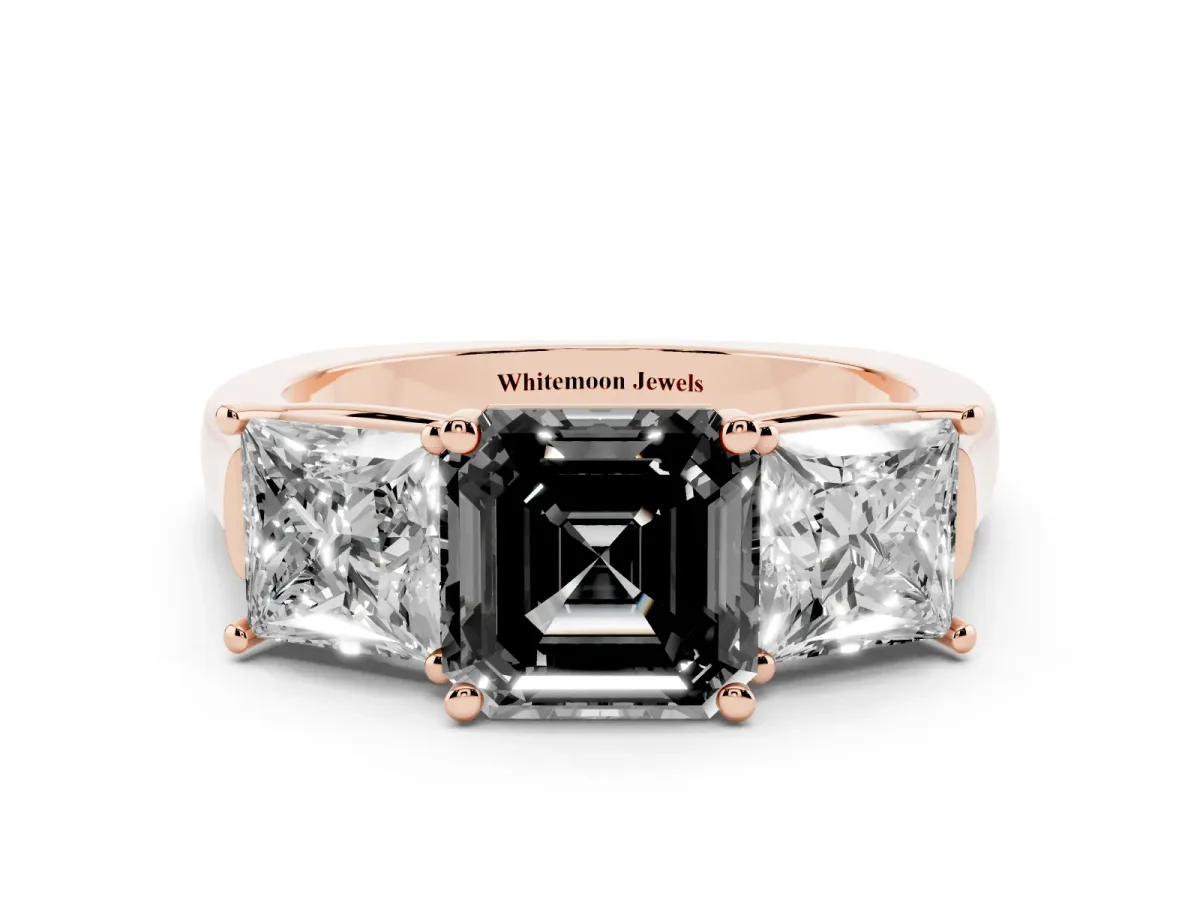 Fancy Black Three-Stone Asscher Cut Brilliant Diamond Trellis Ring with Comfort Fit Band Rose gold