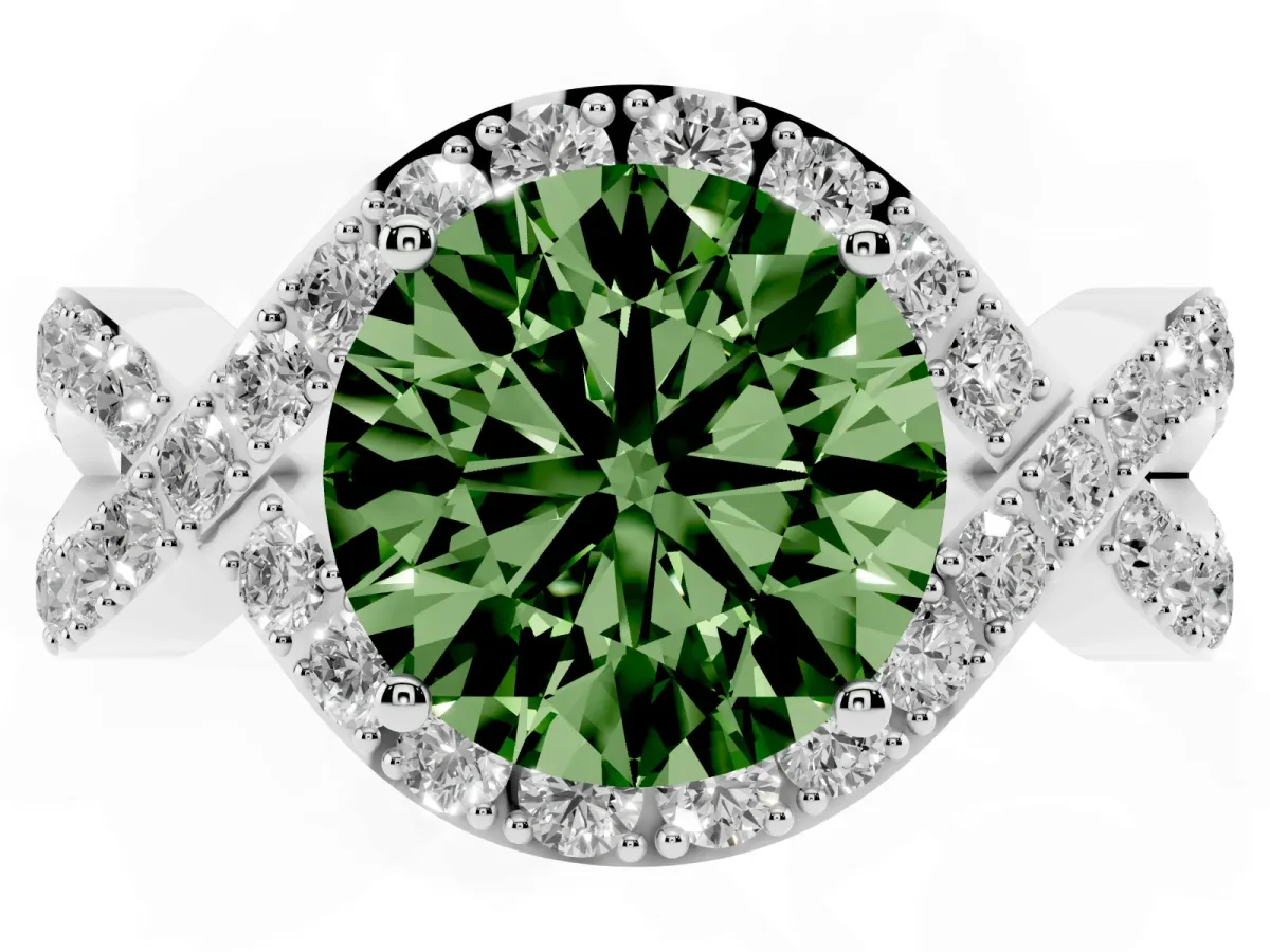 Fancy Green Round Cut Solitaire Twist Band Pavé Diamond Engagement Ring Silver