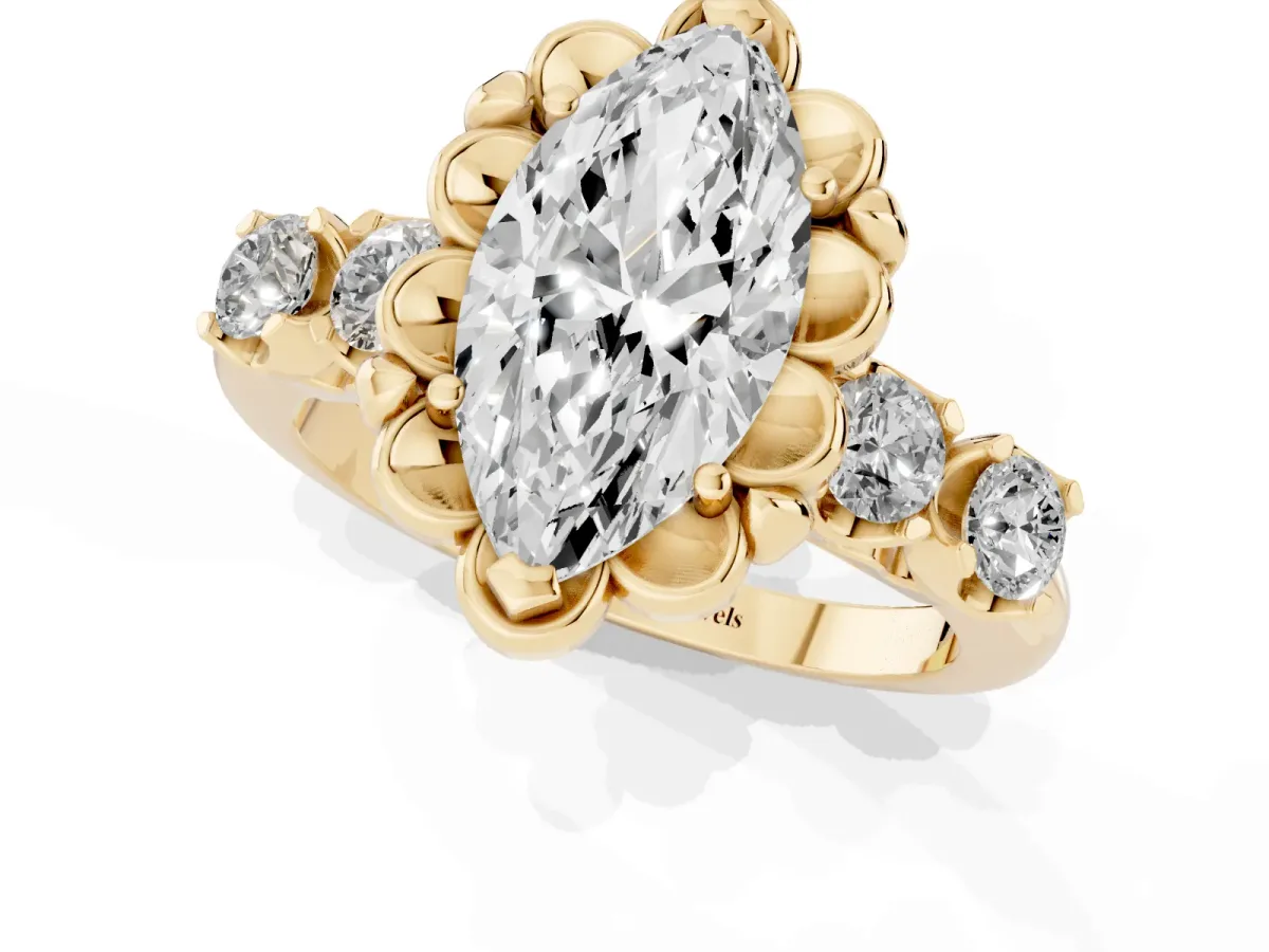 Marquise Cut Cut Diamond Floral Halo Engagement Ring with Shared Prong Setting Yellow gold