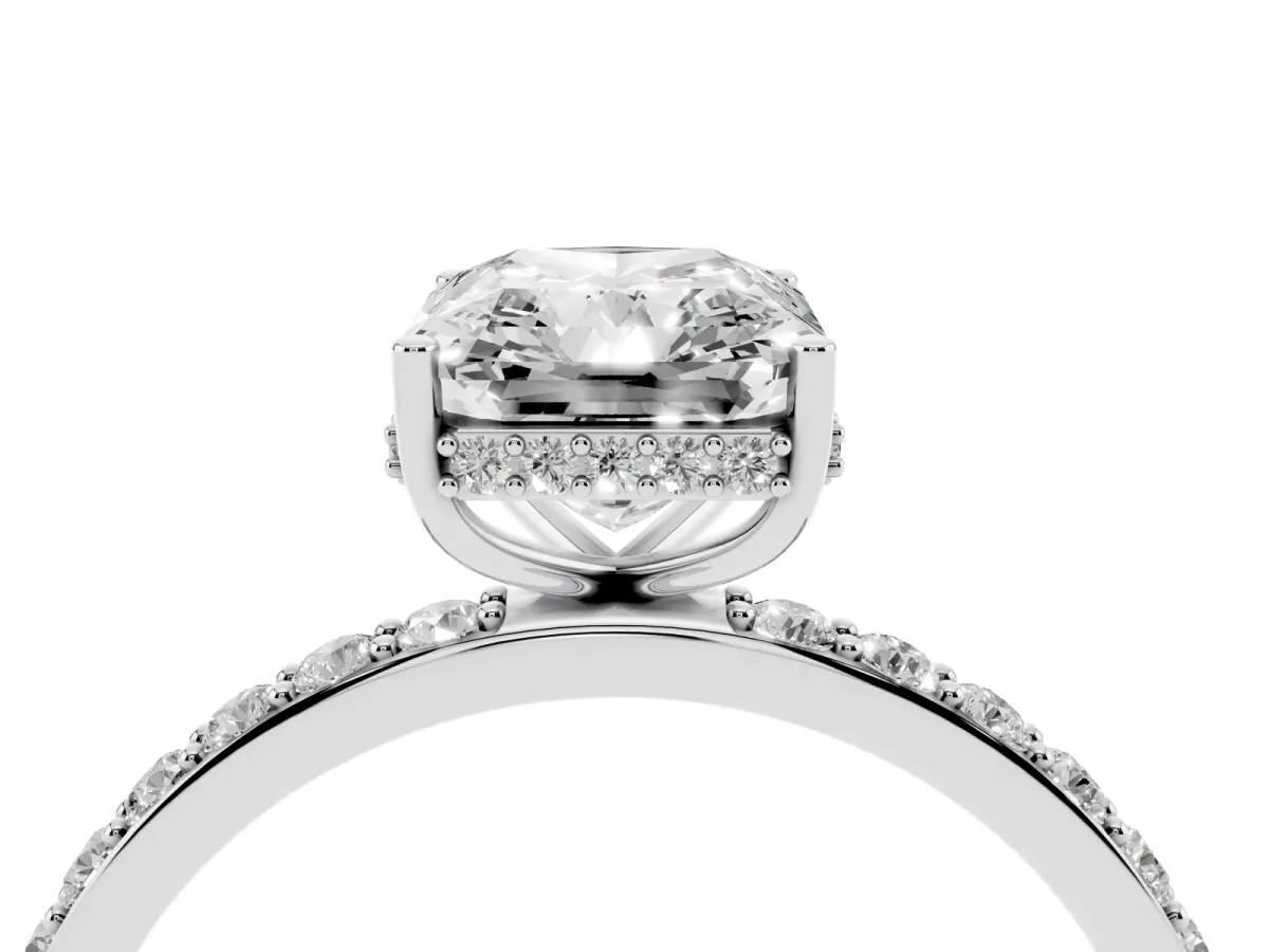Radiant Cut Diamond Solitaire Ring with Pavé Band and Hidden Halo Silver