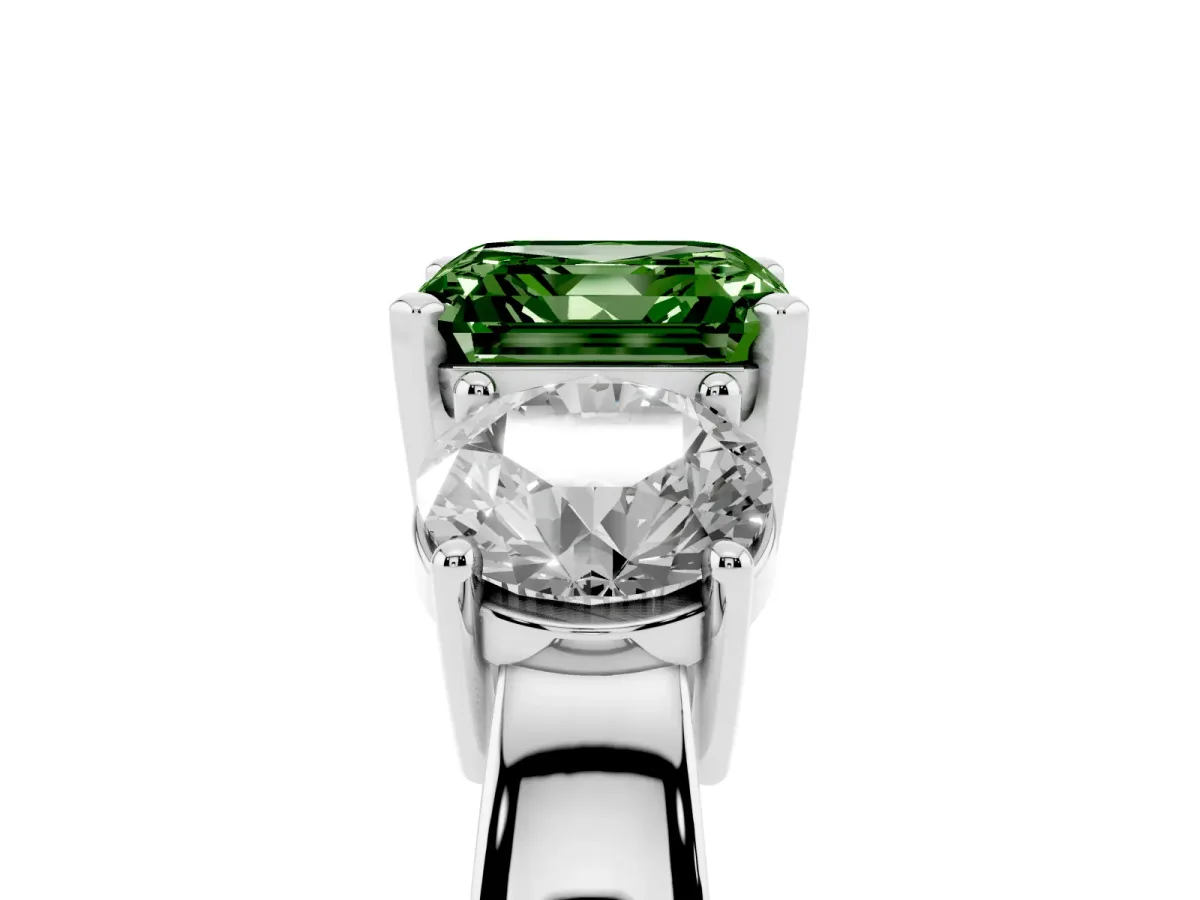 Fancy Green Three-Stone Asscher Cut Diamond Ring with Round Side Stones, Classic Band, and Four-Prong Setting Platinum