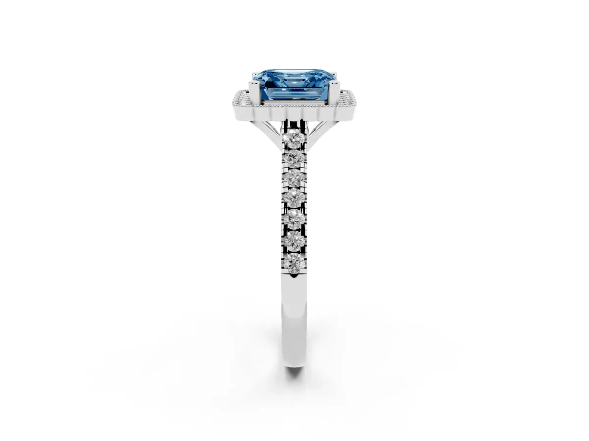 Fancy Blue Asscher Cut Cut Diamond Milgrain Floral Halo Engagement Ring with Pavé Band White gold