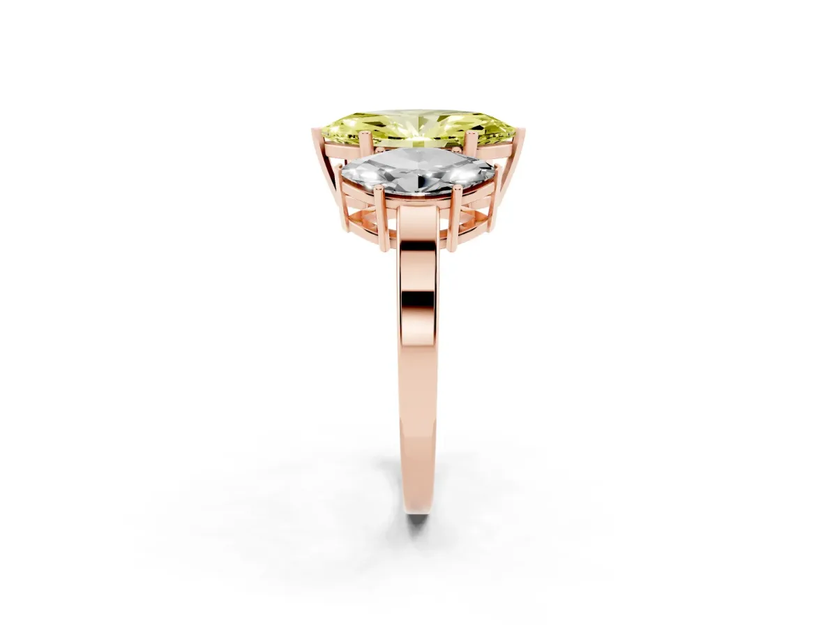 Fancy Yellow Three-Stone Marquise Cut Cut Diamond Engagement Ring with Flat Band and Four-Prong Setting Rose gold
