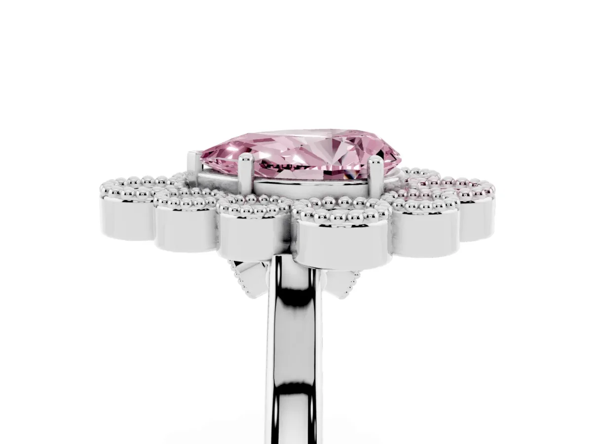 Fancy Pink Pear Cut Halo Diamond Cluster Engagement Ring with Milgrain Bezel Setting and Solitaire Band White gold