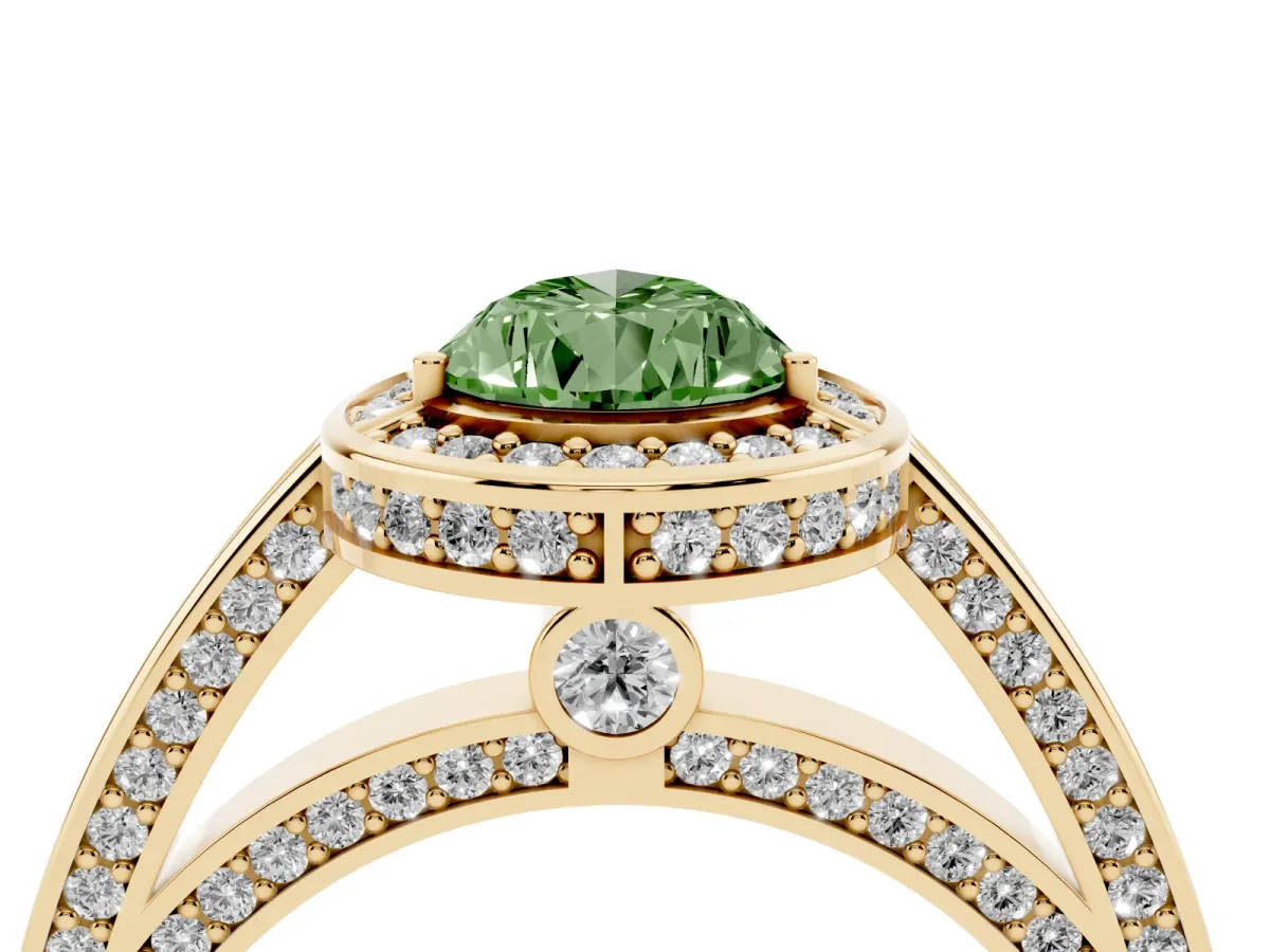 Fancy Green Pear Cut Cut Halo Pave Split Shank Prong Setting Ring Yellow gold