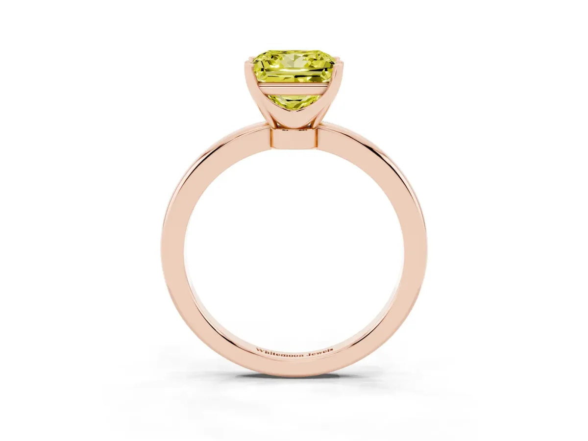 Fancy Yellow Princess Cut Solitaire Diamond Ring with Six-Prong Setting on a Classic Band Rose gold