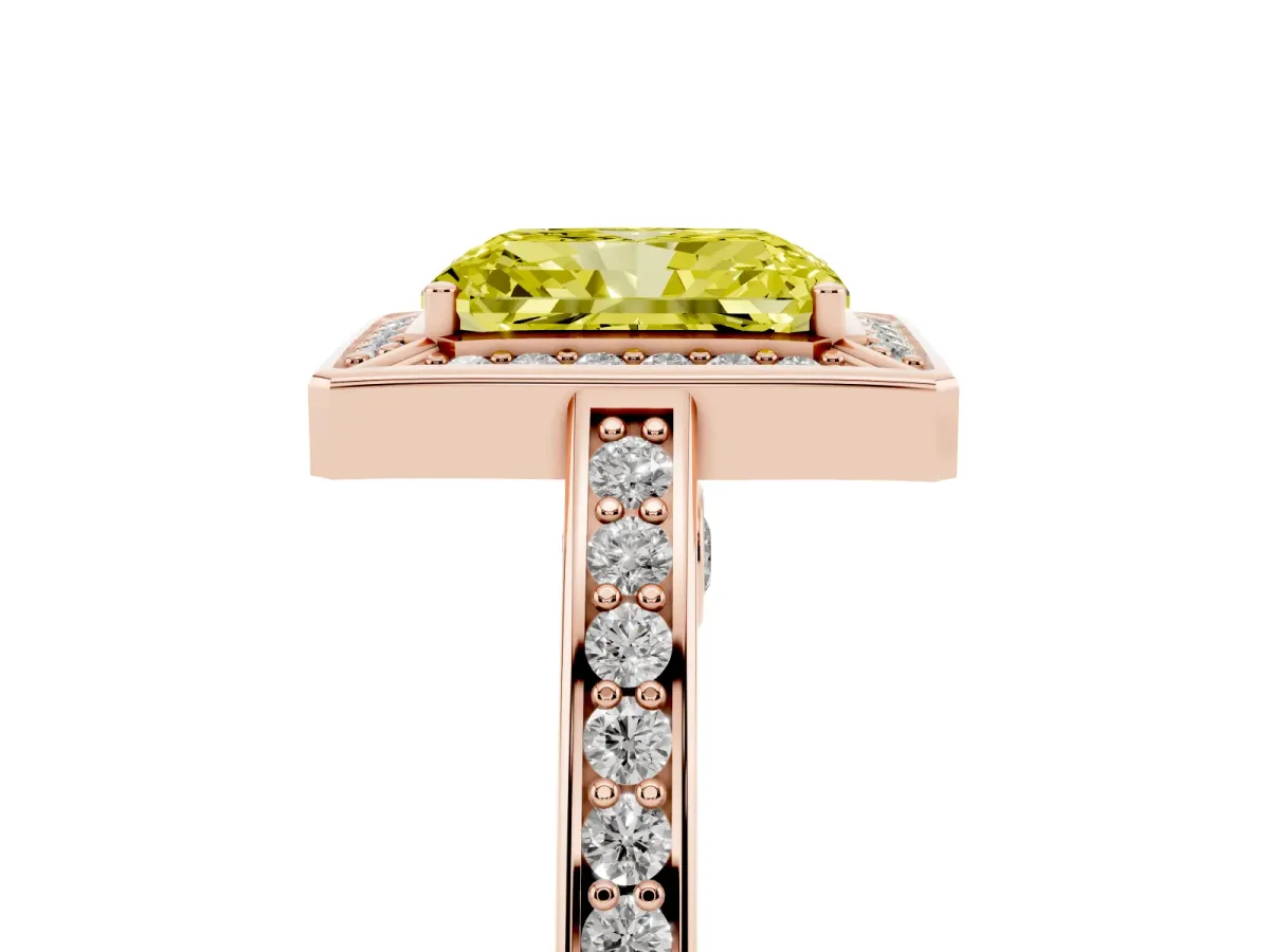 Fancy Yellow Radiant Cut Cut Halo Pave Split Shank Prong Setting Ring Rose gold