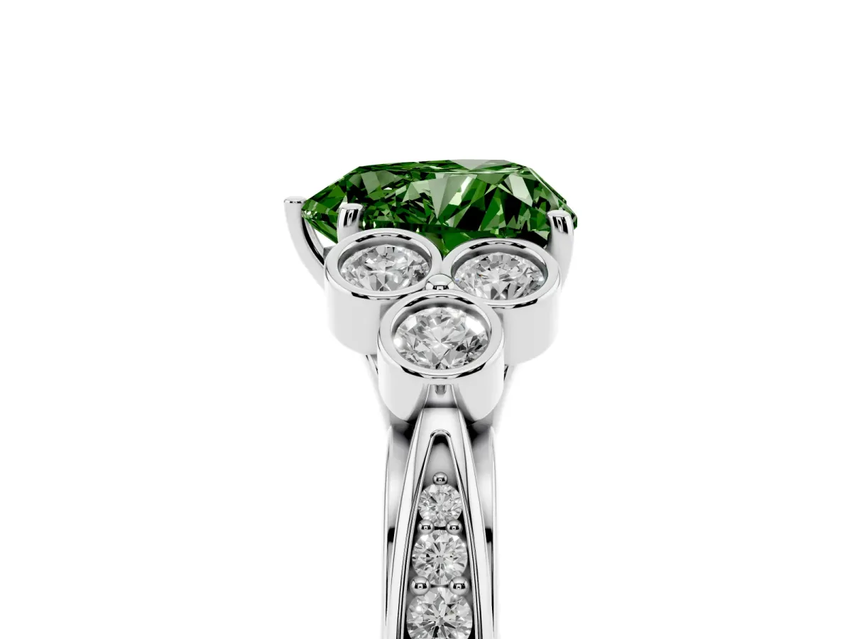 Fancy Green Heart Cut Cut Diamond Engagement Ring with Bezel Set Round Side Stones and Prong Setting Platinum
