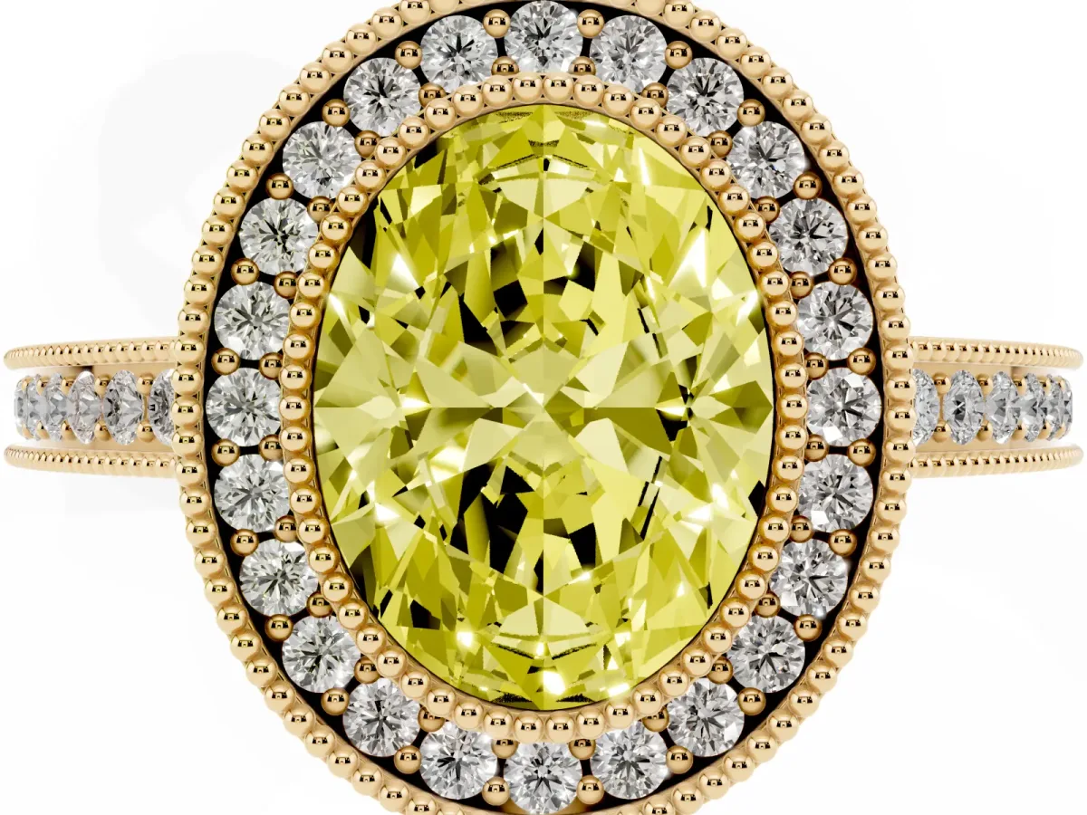 Fancy Yellow Oval Cut Cut Halo Diamond Ring with Pavé Band and Milgrain Prong Setting Yellow gold