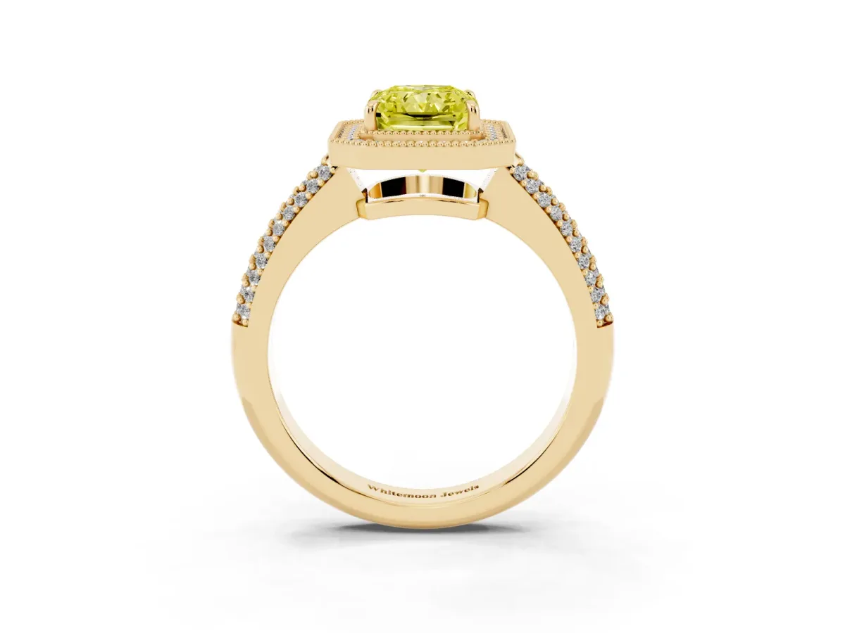 Fancy Yellow Radiant Cut Cut Halo Diamond Pave Band with Four-Prong Setting Yellow gold