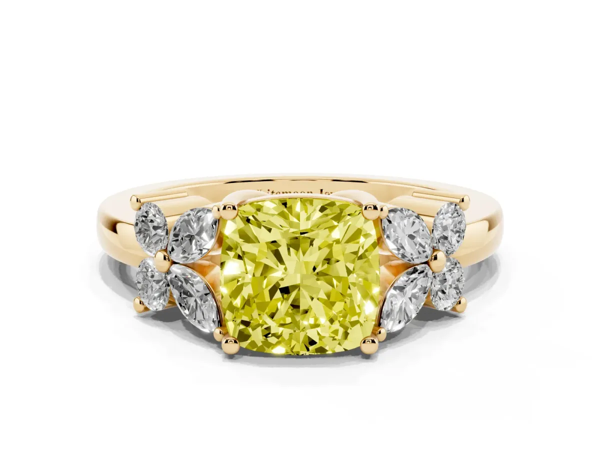 Fancy Yellow Cushion Cut Diamond Floral Cluster Ring with Solitaire Band and Prong Setting Yellow gold