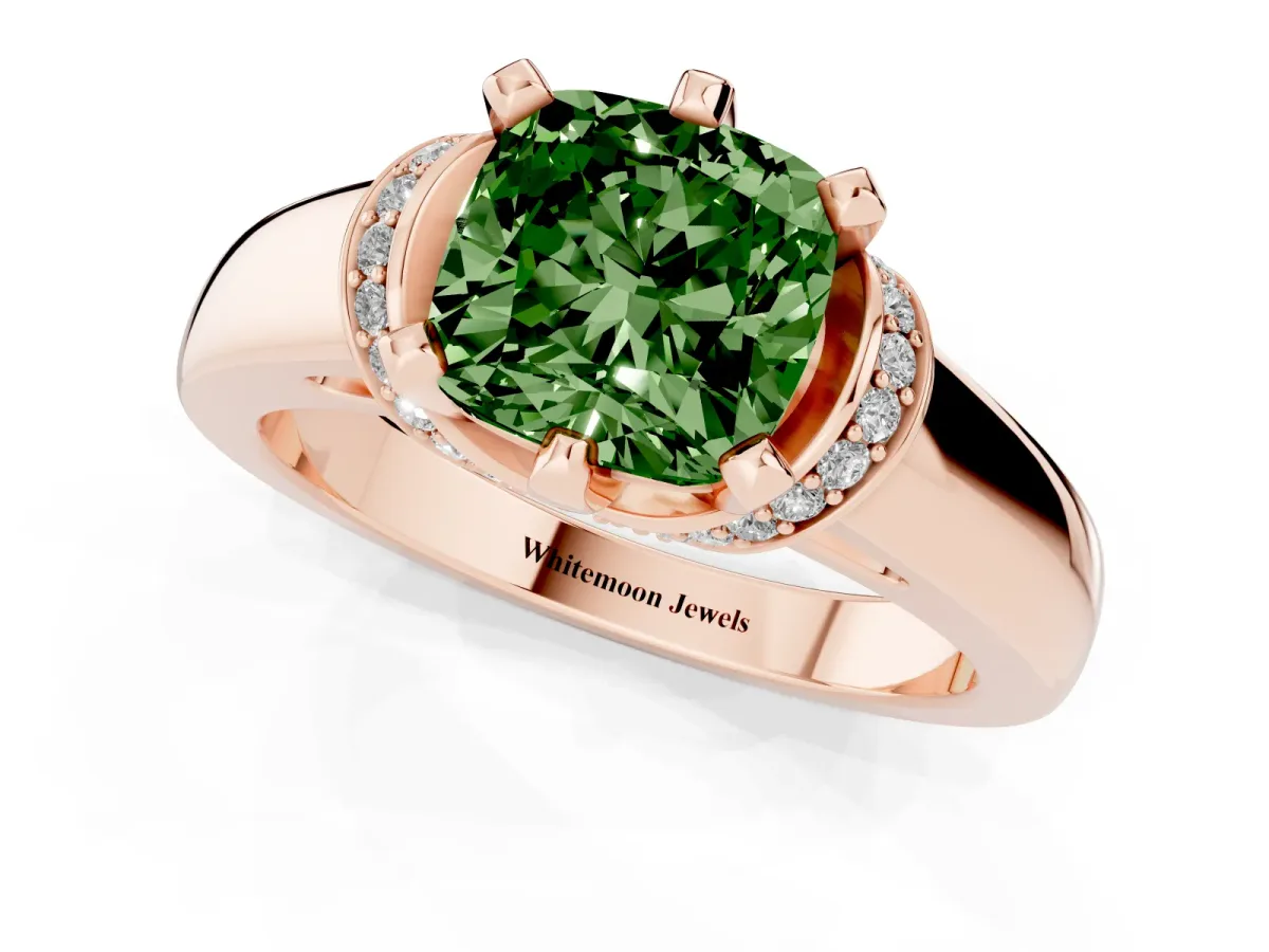Fancy Green Cushion Cut Solitaire Diamond Ring with Pave Band and Six-Prong Setting Rose gold