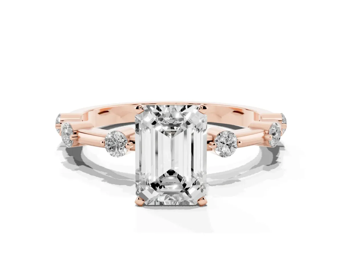 Emerald Cut Solitaire Diamond Ring with Bezel Set Side Stones and Prong Setting Rose gold