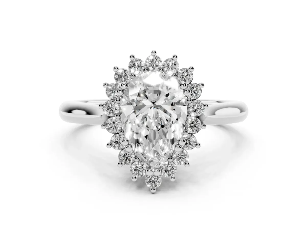 Pear Cut Cut Diamond Halo Ring with Solitaire Band and Prong Setting Silver