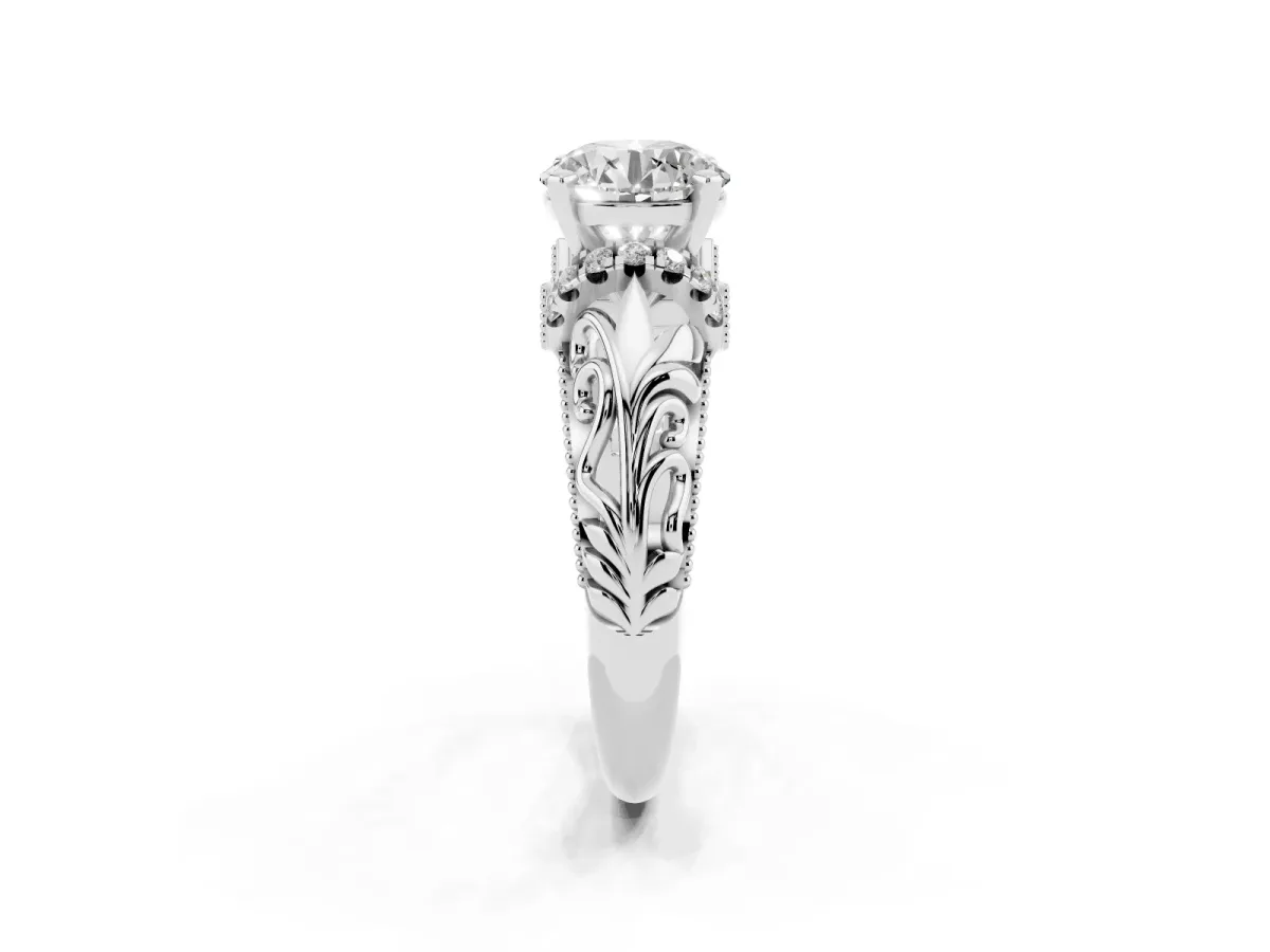Round Cut Solitaire Filigree Engagement Ring with Halo and Prong Setting Platinum