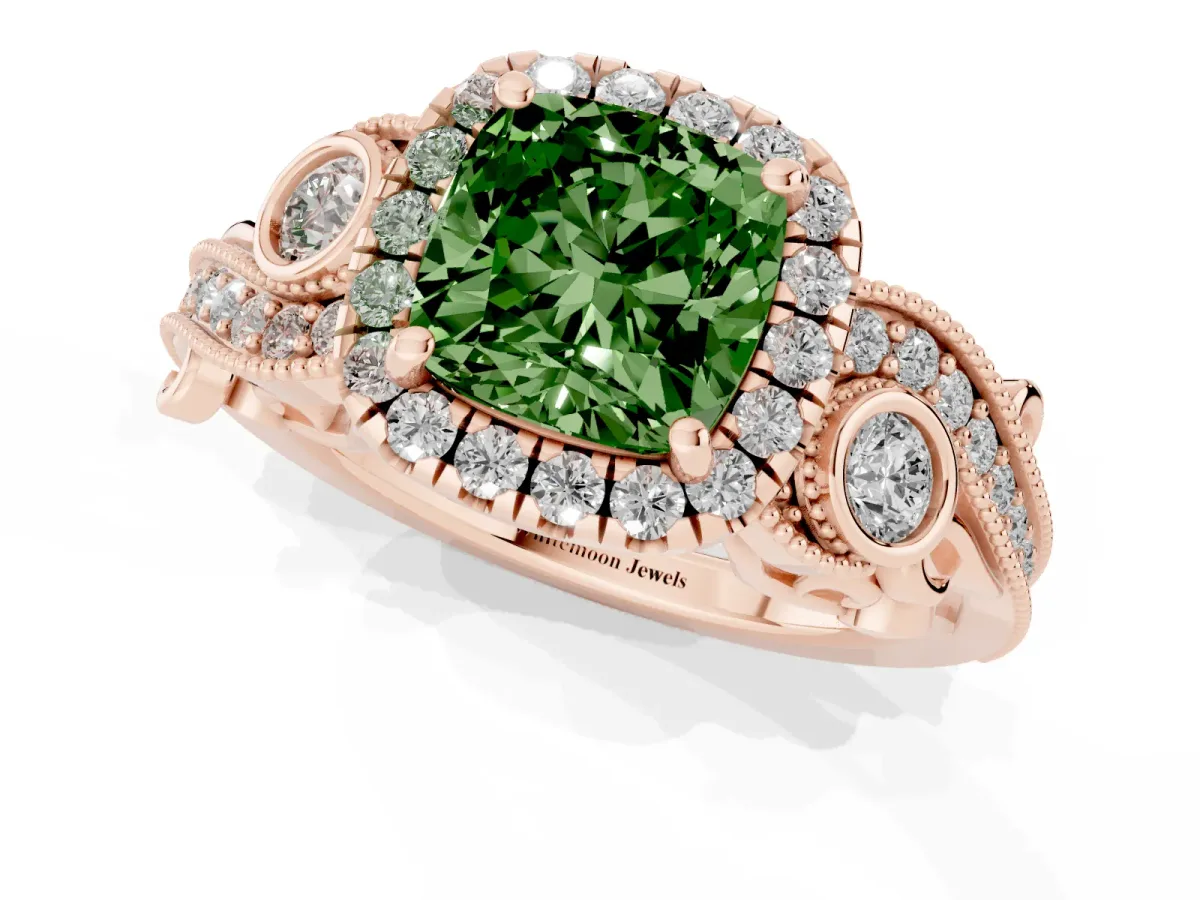 Fancy Green Cushion Cut Halo Diamond Ring with Milgrain and Bezel Accents on a Split Shank Band Rose gold