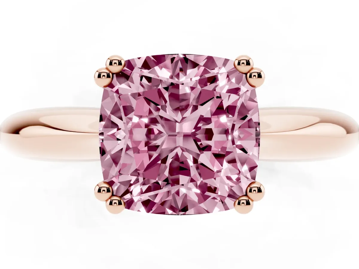 Fancy Pink Cushion Cut Cut Solitaire Engagement Ring with Tapered Band and Four-Prong Setting Rose gold
