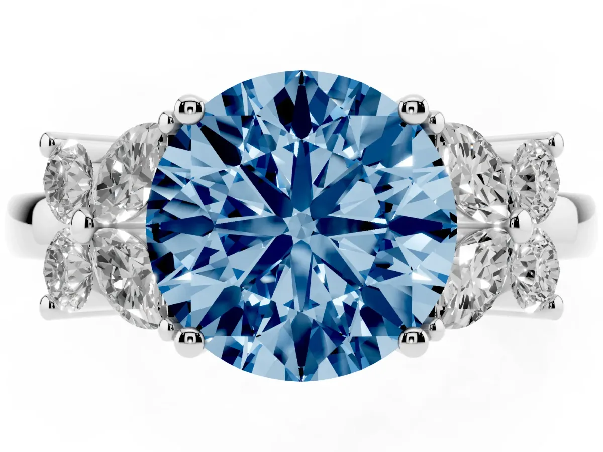 Fancy Blue Round Cut Diamond Floral Cluster Ring with Solitaire Band and Prong Setting Silver