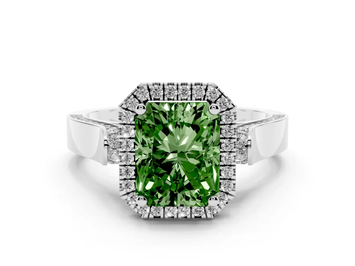 Fancy Green Radiant Cut Halo Round Diamond Twist Band with Four-Prong Setting White gold