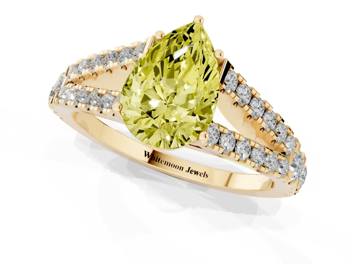 Fancy Yellow Pear Cut Diamond Split Shank Engagement Ring with Round Pavé and Prong Setting Yellow gold