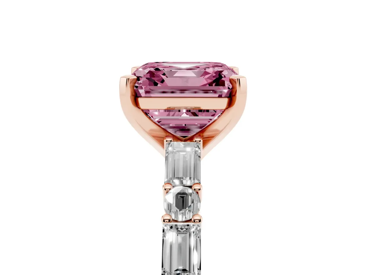 Fancy Pink Asscher Cut Diamond Solitaire with Side Baguettes and Channel Set Band Rose gold