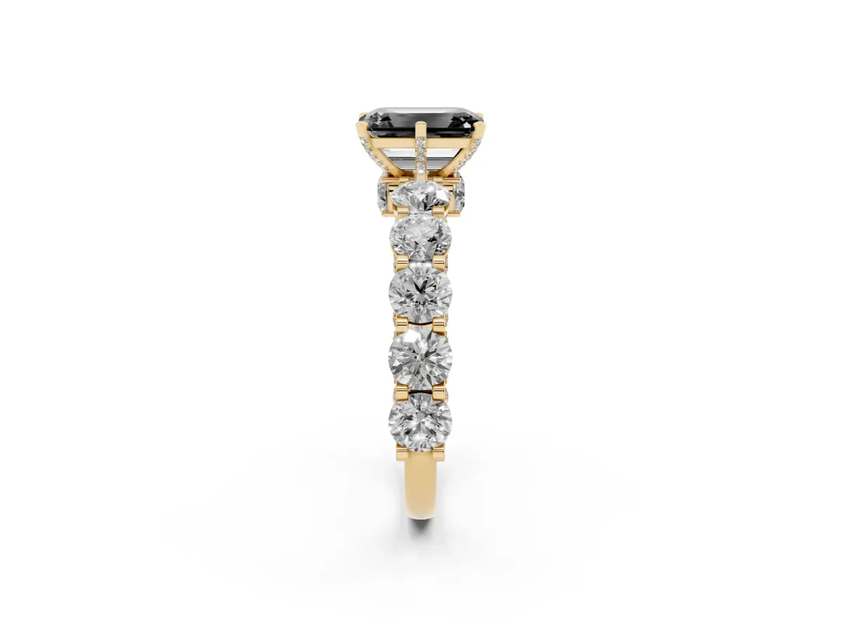 Fancy Black Emerald Cut Diamond Side Stone Engagement Ring with Four-Prong Setting Yellow gold