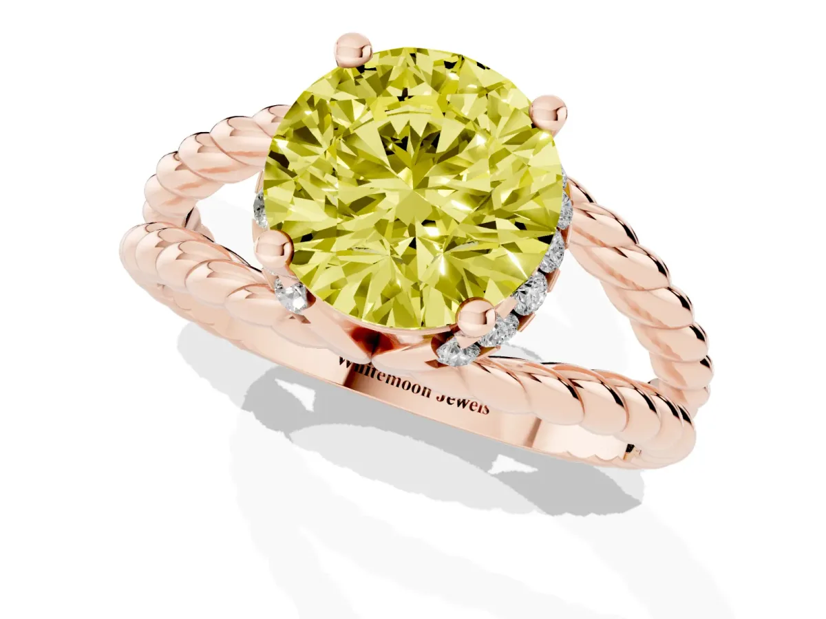 Fancy Yellow Round Cut Halo Twisted Band Four-Prong Ring Rose gold