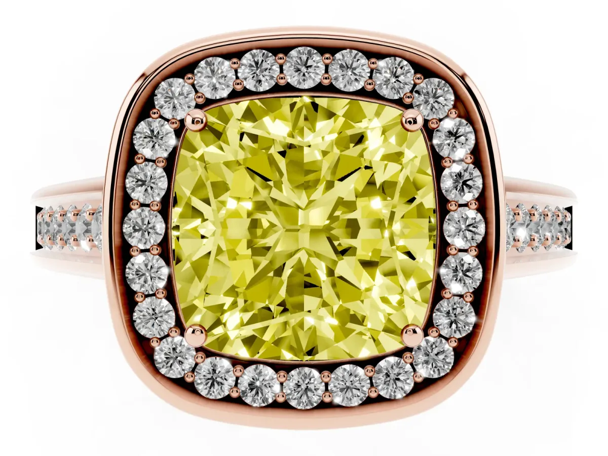 Fancy Yellow Cushion Cut Halo Solitaire Diamond Ring with Pave Band and Bezel Setting Rose gold