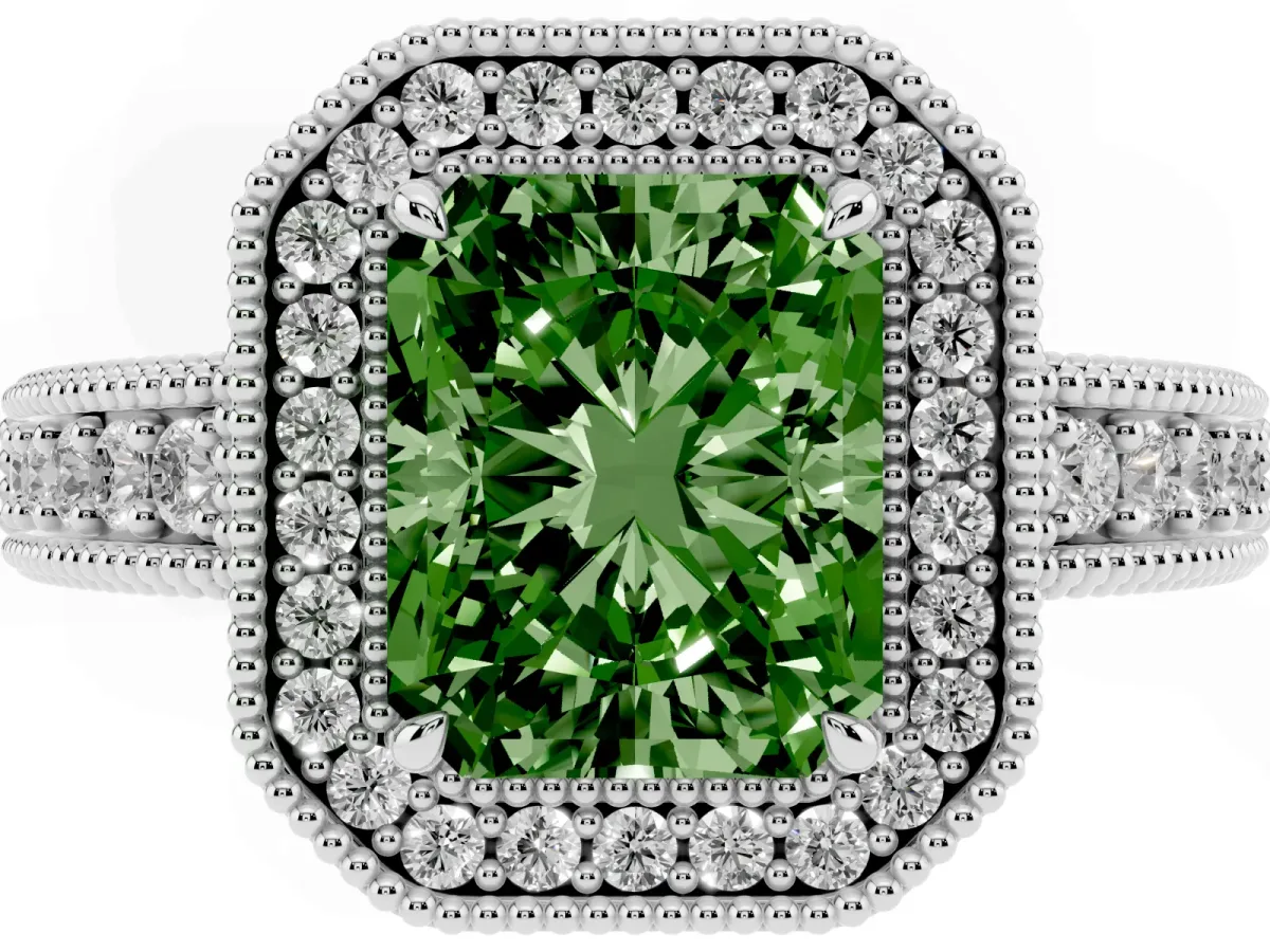 Fancy Green Radiant Cut Cut Halo Diamond Ring with Pavé Band and Four-Prong Setting Silver