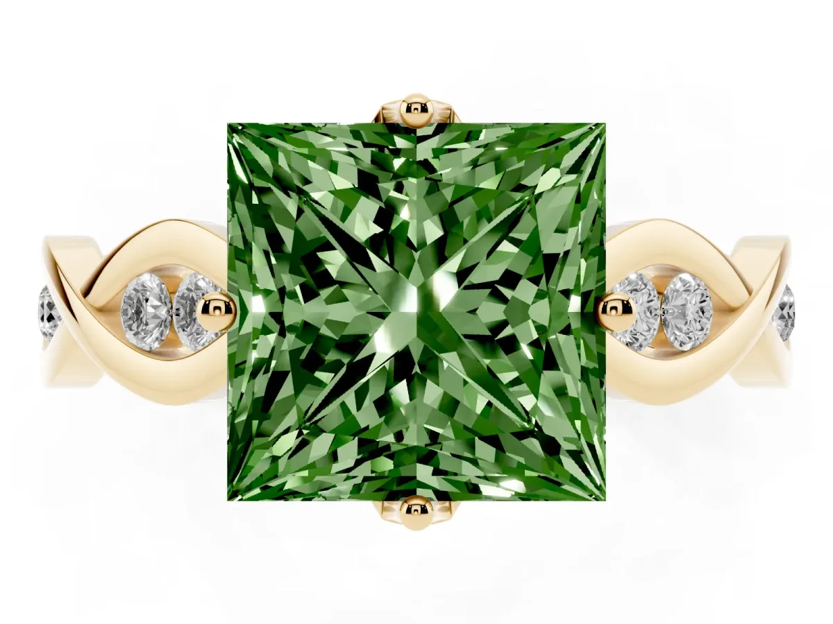 Fancy Green Princess Cut Solitaire Twist Band with Leaf Prong Setting Yellow gold