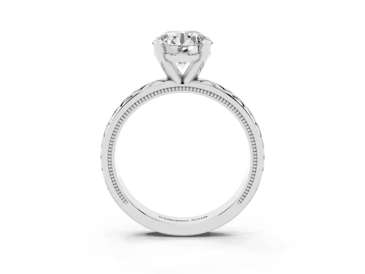 Round Cut Solitaire Diamond Ring with Milgrain and Black Enamel X Pattern Band Silver