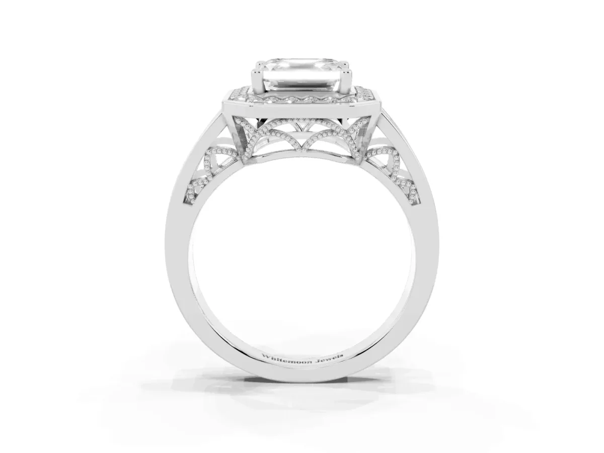 Asscher Cut Diamond Halo Ring with Split Shank and Bezel Accents and Prong Setting Silver