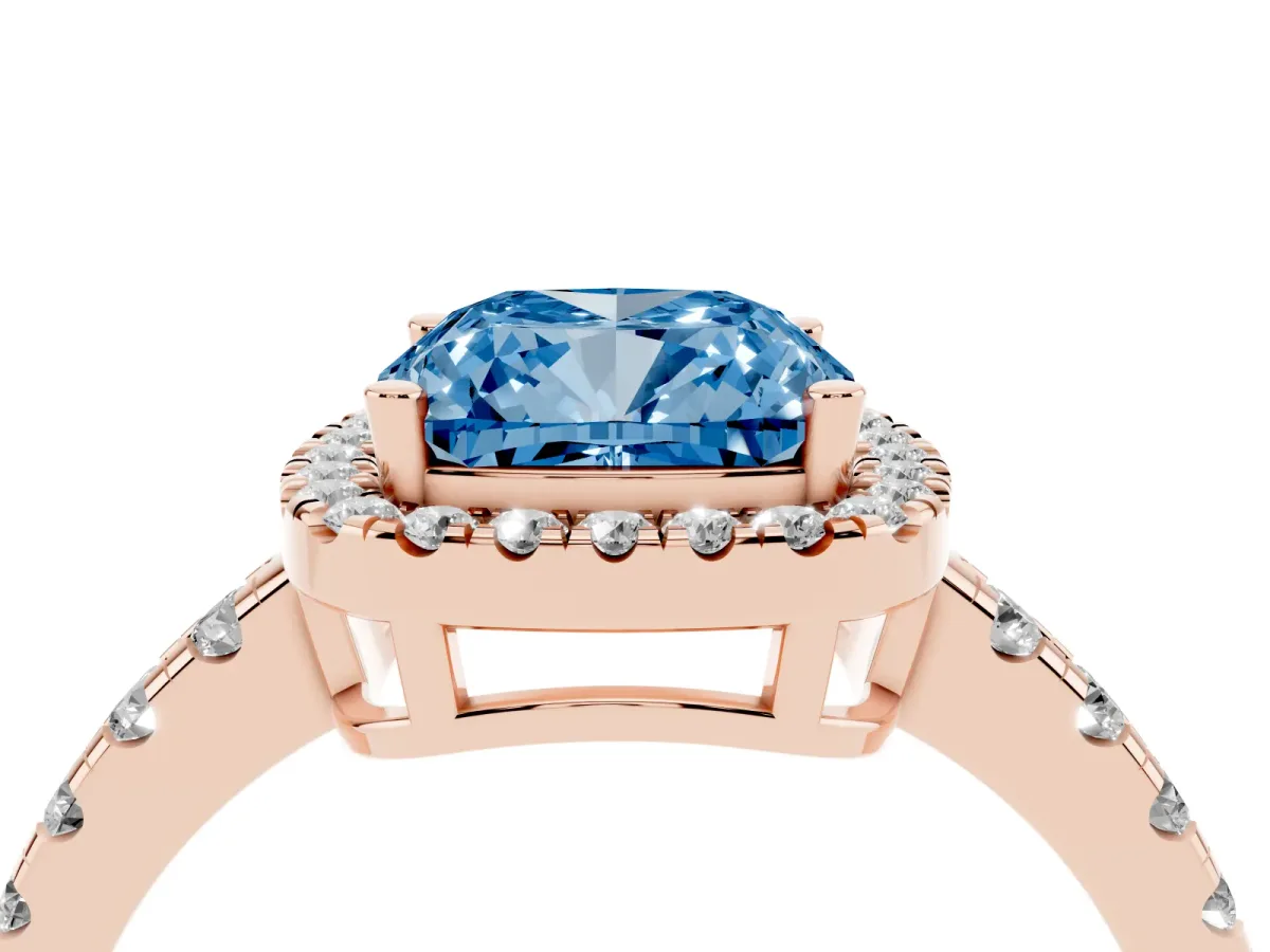 Fancy Blue Cushion Cut Diamond Halo Ring with Pavé Band and Four-Prong Setting Rose gold