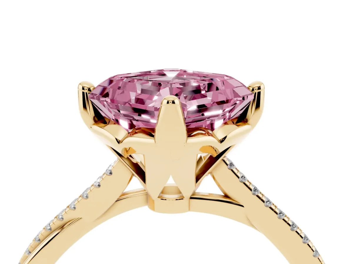 Fancy Pink Asscher Cut Solitaire Twist Band with Pavé Diamonds and Four-Prong Setting Yellow gold