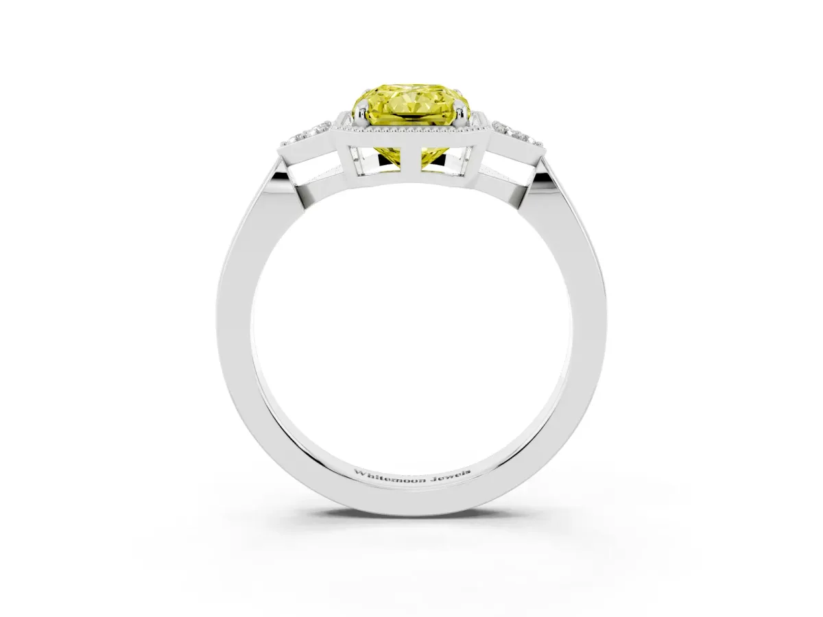 Fancy Yellow Radiant Cut Diamond Halo Ring with Tapered Band and Four-Prong Setting White gold