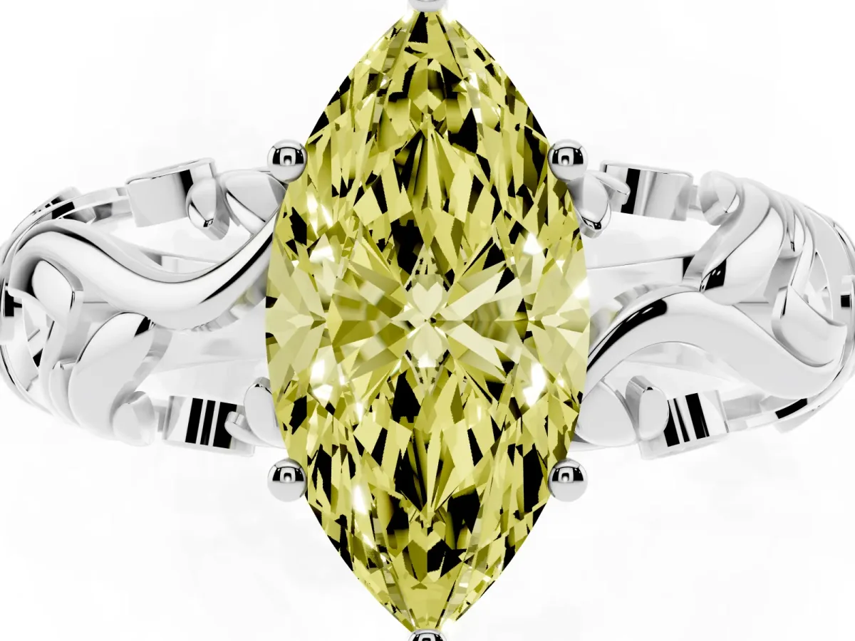 Fancy Yellow Marquise Cut Solitaire Diamond Leaf-Inspired Vine Band Ring with Prong Setting Silver