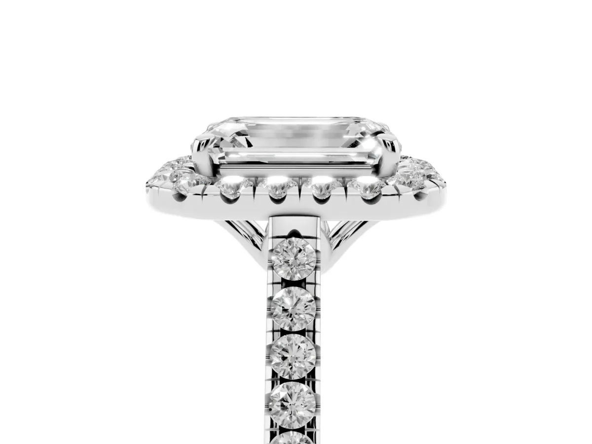 Emerald Cut Halo Pavé Diamond Engagement Ring with Four-Prong Setting Platinum