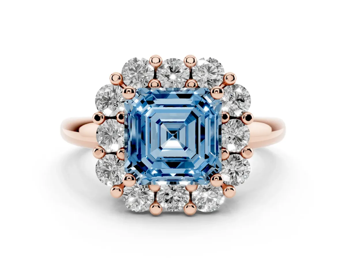 Fancy Blue Asscher Cut Halo Cluster Diamond Engagement Ring with Prong Setting and Polished Band Rose gold