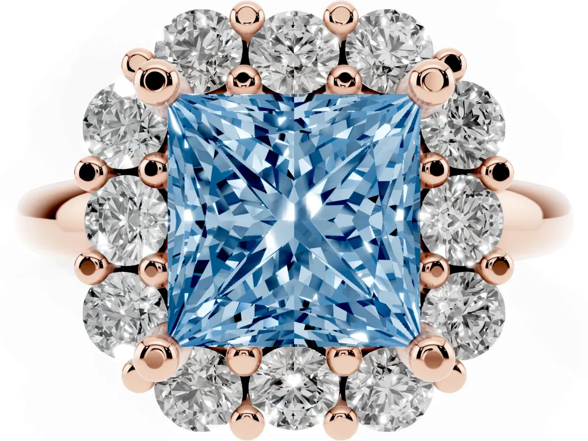 Fancy Blue Princess Cut Halo Cluster Diamond Engagement Ring with Prong Setting and Polished Band Rose gold
