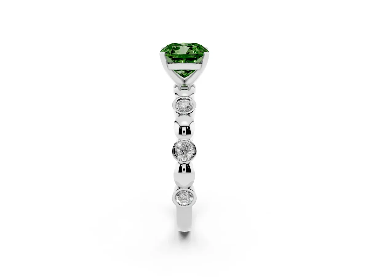 Fancy Green Cushion Cut Solitaire Bezel-Set Diamond Ring with Beaded Band and Four-Prong Setting Silver