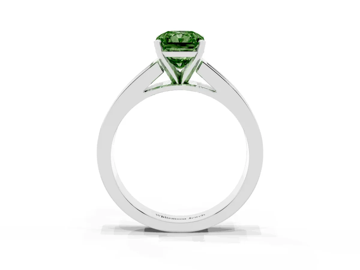 Fancy Green Radiant Cut Solitaire Diamond Ring with Channel-Set Band and Four-Prong Setting Silver