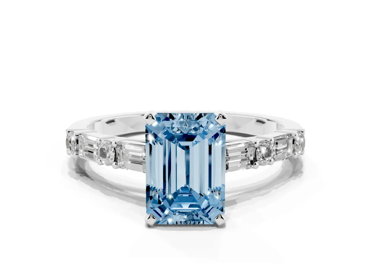 Fancy Blue Emerald Cut Diamond Solitaire with Side Baguettes and Channel Set Band Platinum