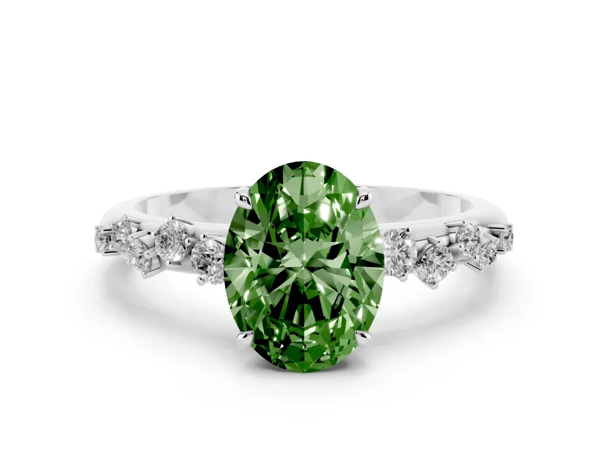Fancy Green Oval Cut Diamond Cluster Prong-Set Solitaire Ring Platinum
