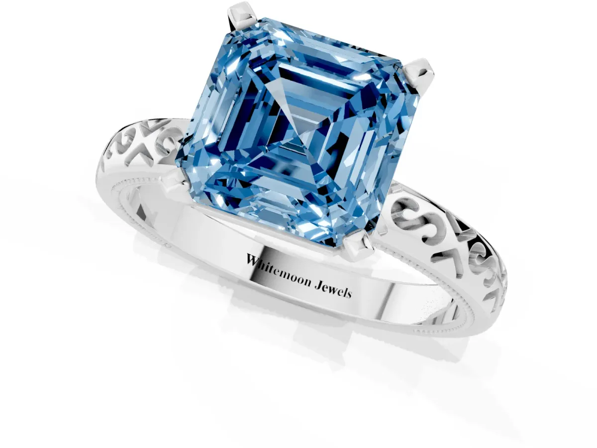 Fancy Blue Asscher Cut Solitaire Engagement Ring with Scrollwork Band and Four-Prong Setting Silver