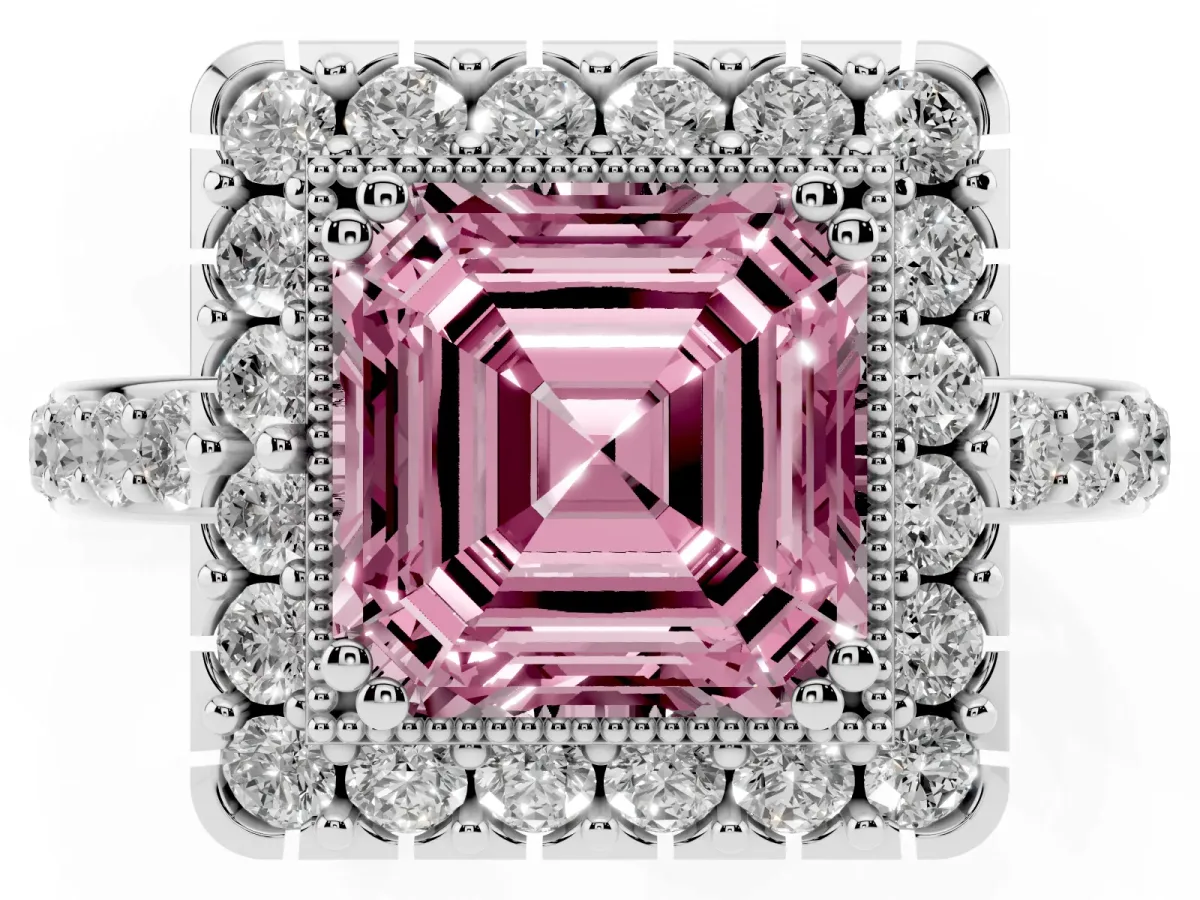 Fancy Pink Asscher Cut Diamond Halo Ring with Pavé Band and Prong Setting Silver