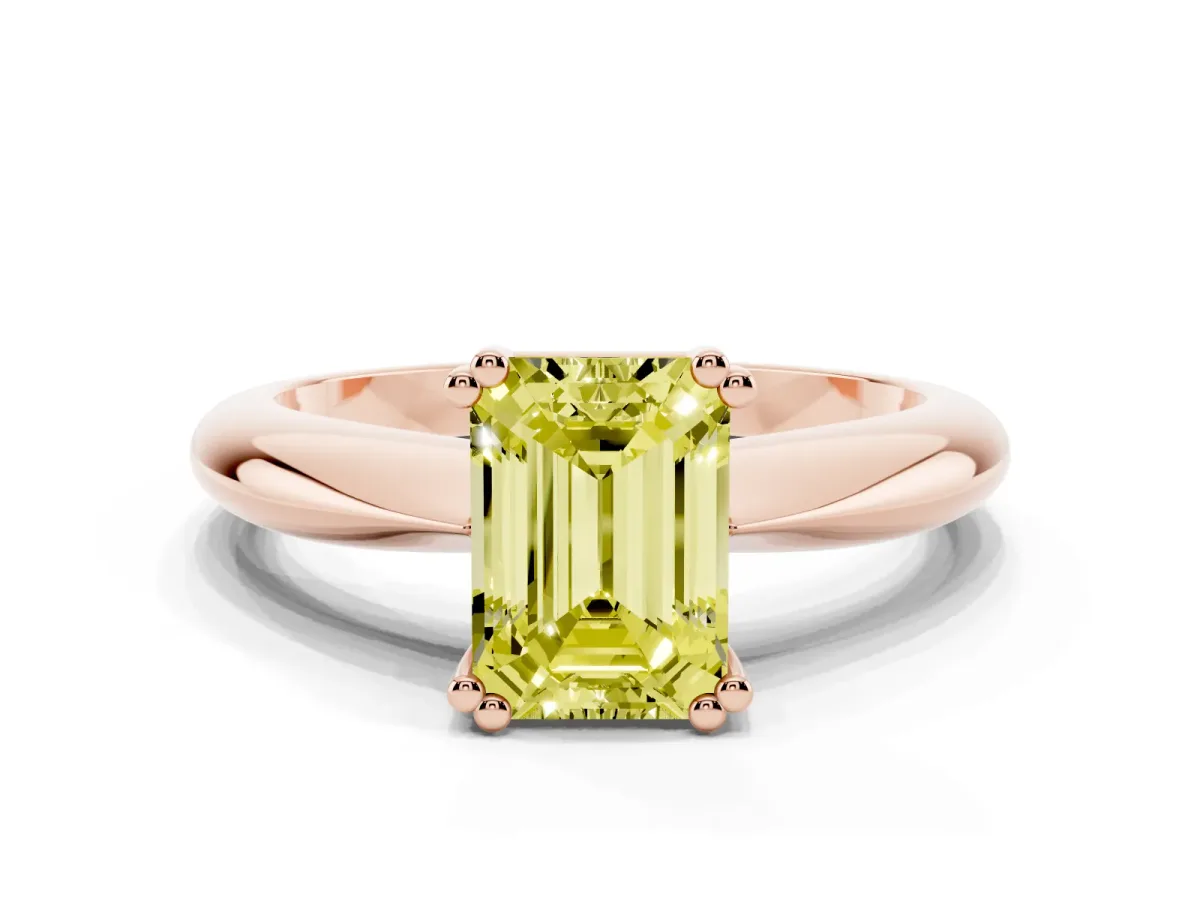 Fancy Yellow Emerald Cut Cut Solitaire Engagement Ring with Tapered Band and Four-Prong Setting Rose gold