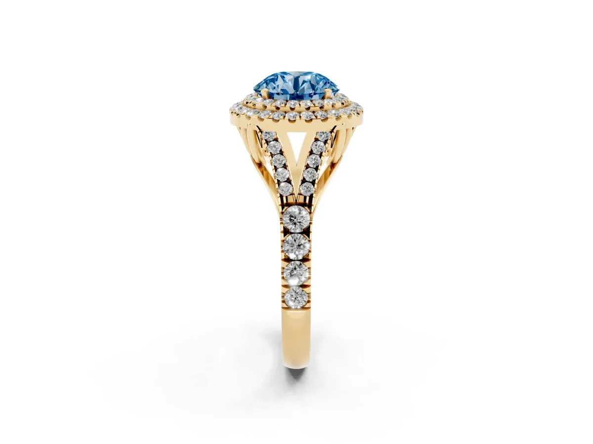 Fancy Blue Round Cut Diamond Pavé Split Shank Double Halo Engagement Ring Yellow gold