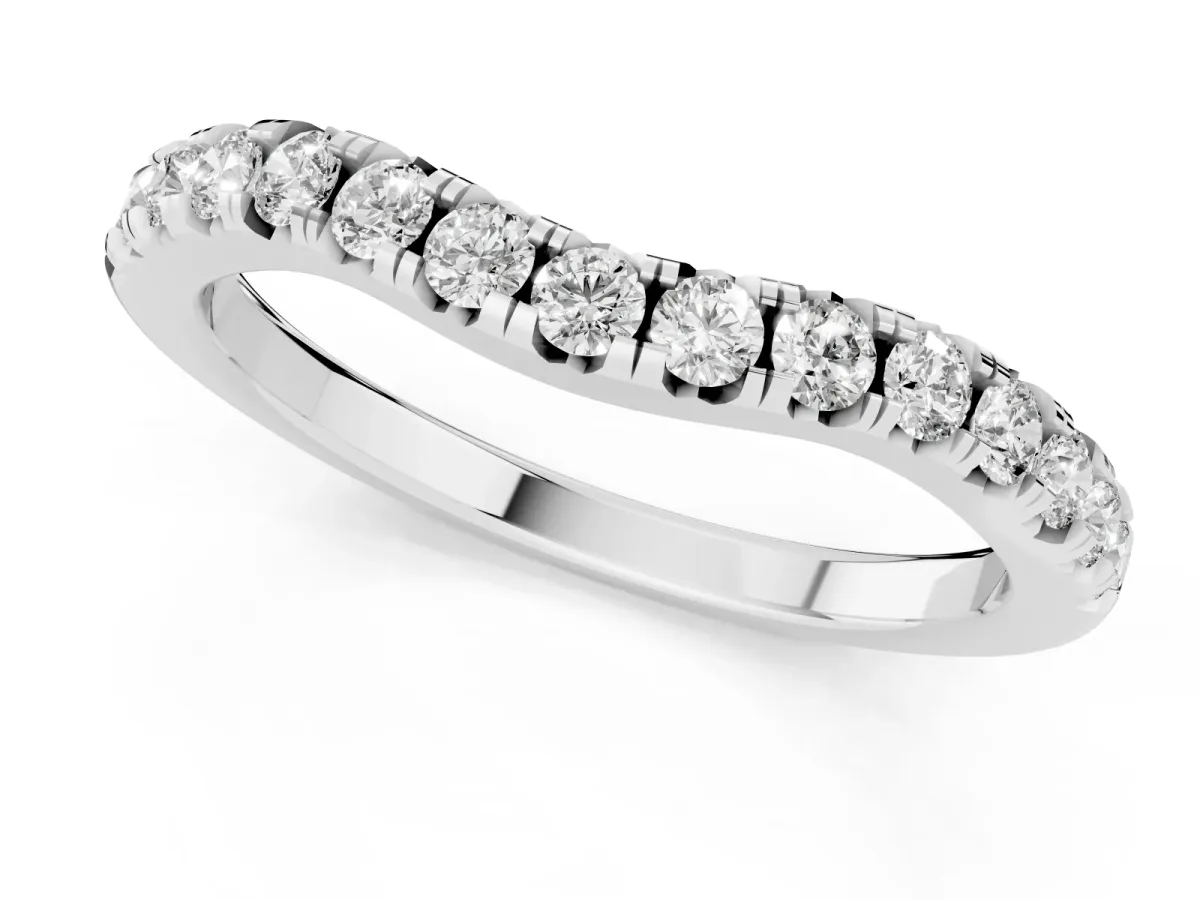 Round Diamond Curved Pavé Wedding Band with Shared Prong Setting Silver