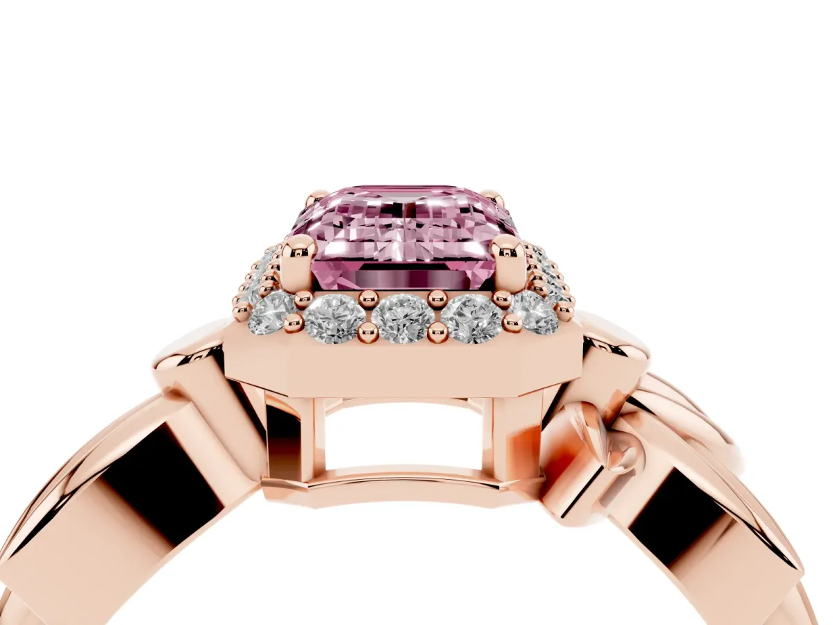 Fancy Pink Emerald Cut Halo Diamond Floral Band with Four-Prong Setting Rose gold