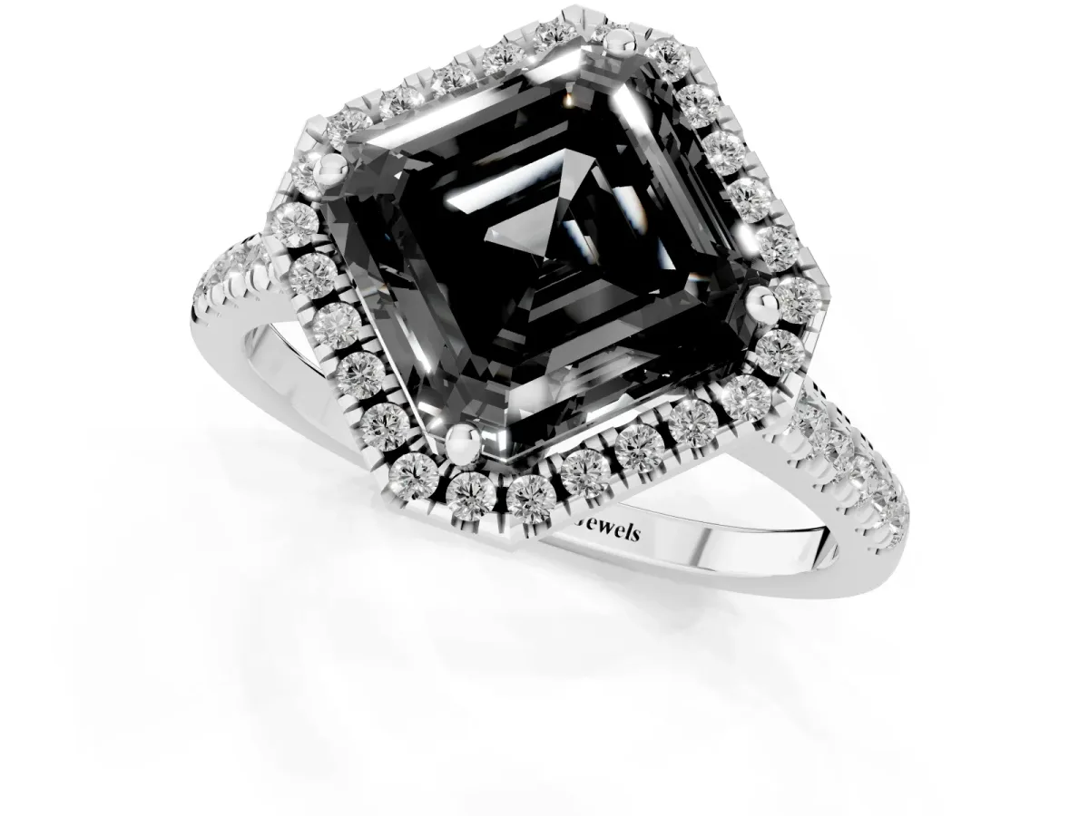 Fancy Black Asscher Cut Diamond Cushion Halo Ring with Pavé Band Platinum